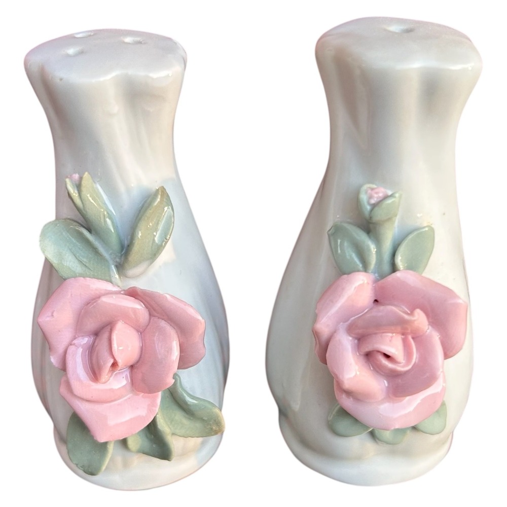 Salt and Pepper Shakers Home Decor 3D Rose Floral White Pink Small